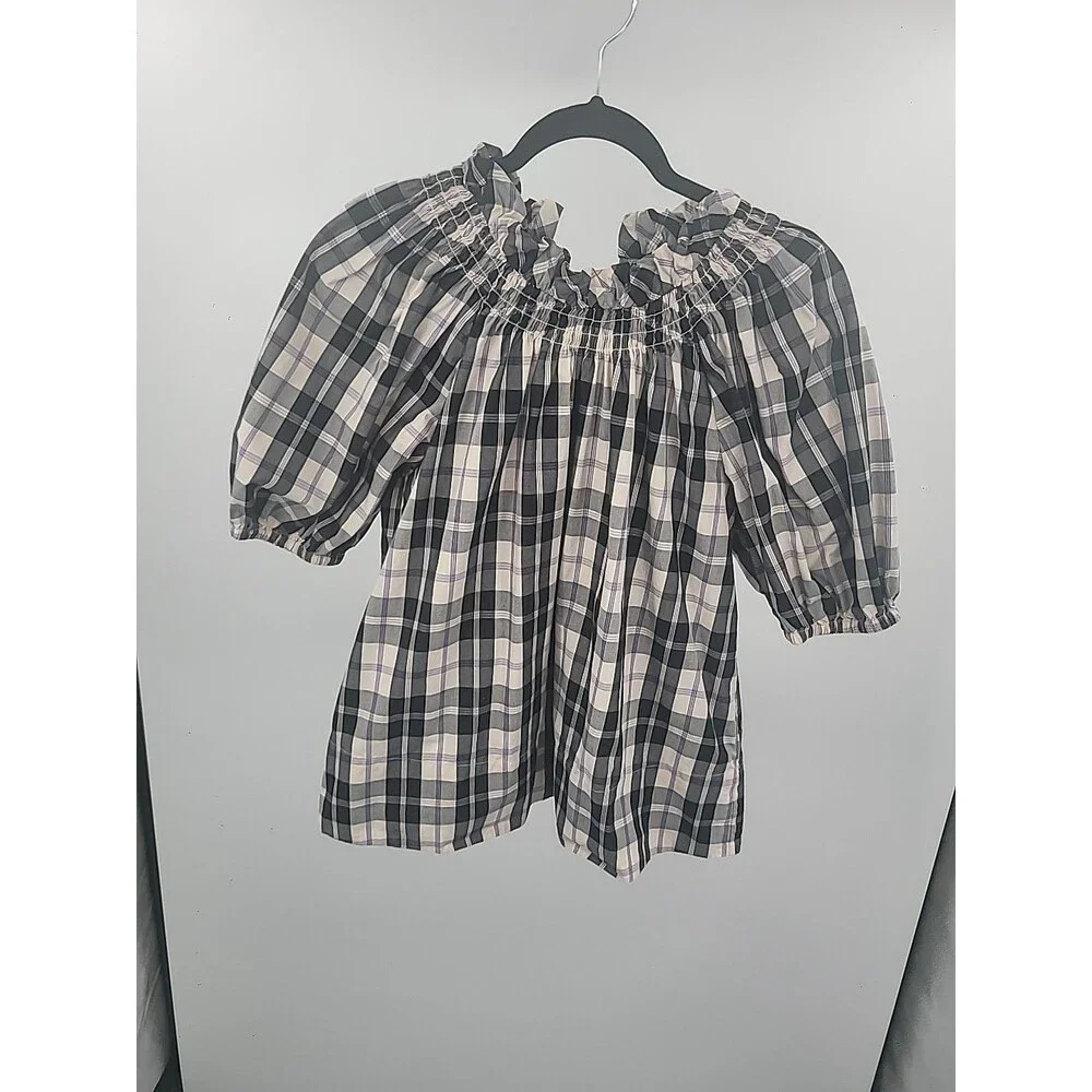 J Crew Smocked Neck Puff Sleeve Top In Friday Plaid Sz S Preppy Office Work